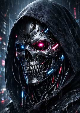 Cyberpunk Skull Robot in Rain