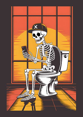 Skeleton on Toilet with Phone