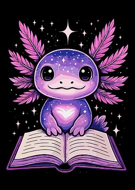 Purple Axolotl Poster, Cosmic Book Illustration, Whimsical Magical Wall Art Print