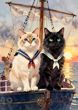 Cats in Sailor Outfits on a Boat