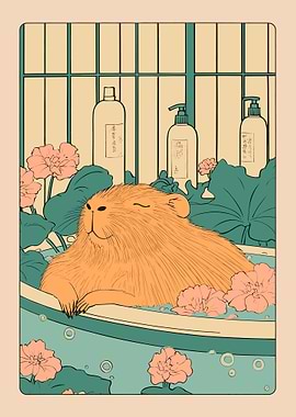 Capybara relaxing in a floral bath