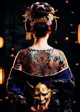 Geisha with Dragon Tattoo and Mask
