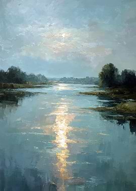Moonlit River Landscape Painting