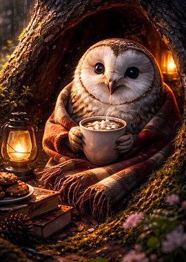 Cozy Owl with Hot Chocolate