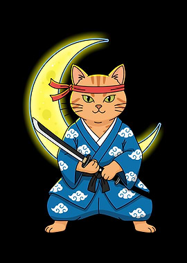 Samurai Cat with Katana on Crescent Moon