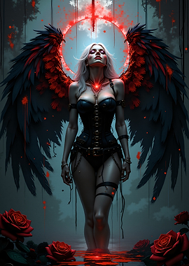 Gothic Angel with Red Wings and Roses