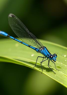 Blue Damselfly on Green Leaf