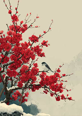 Bird on a blooming cherry blossom branch