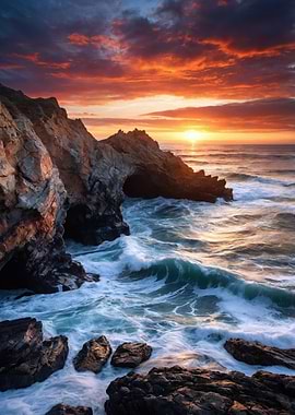 Dramatic Sunset Over Rocky Coastline