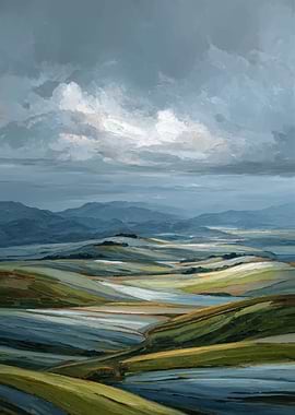 Impressionistic Landscape Under Cloudy Sky