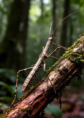 Stick insect on mossy branch