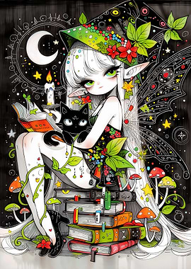 Cute Fairy Witch Reading with Black Cat