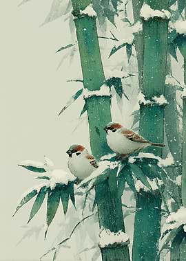 Sparrows on Snowy Bamboo
