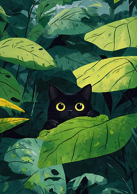 Black Cat Peeking Through Green Leaves