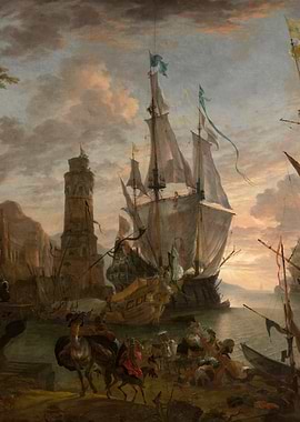 Ships in a Harbor with Lighthouse