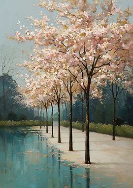 Cherry Blossoms Reflecting in Water