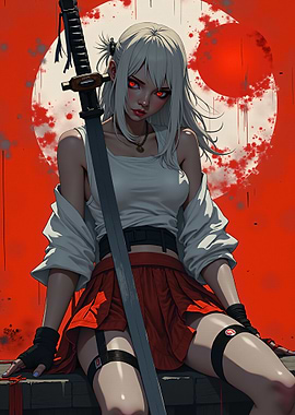 Anime Girl with Katana and Red Eyes