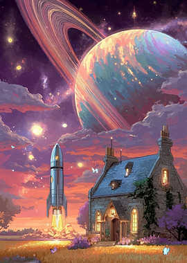 Whimsical Space House with Rocket Launch