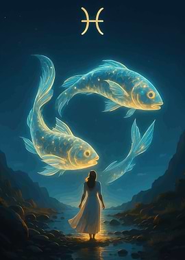 Pisces Zodiac Symbol with Glowing Fish