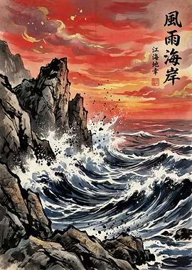 Stormy Seascape with Sunset