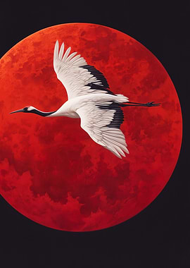 Crane flying in front of red moon