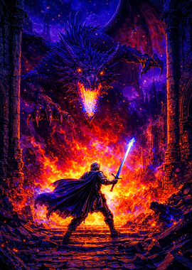 Dragon vs Knight in Fiery Ruins