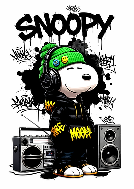 Snoopy with headphones and boombox