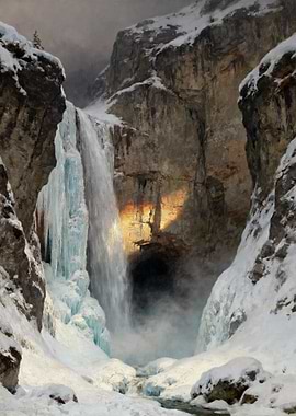 Frozen Waterfall in a Snowy Canyon