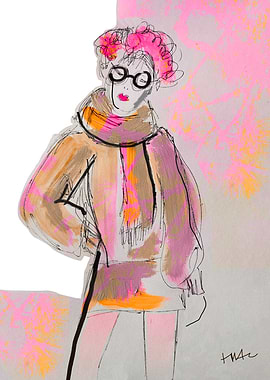 Fashion illustration of a woman with pink hair