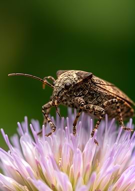 Brown Stink Bug on Purple Flower