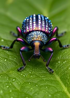 Jeweled Beetle on Green Leaf