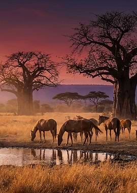 Horses at a watering hole at sunset