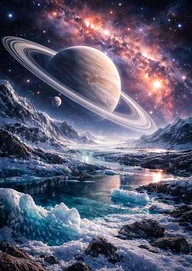 Space Planet Landscape with Saturn