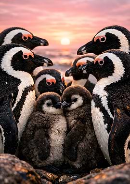 Penguin Family at Sunset