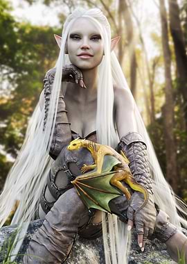 Elf with Pet Dragon in Forest