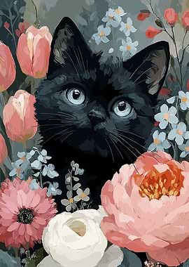 Black Cat Among Flowers