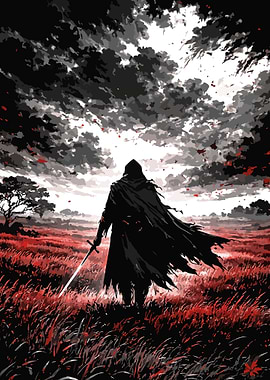 Hooded Figure with Sword in Red Field