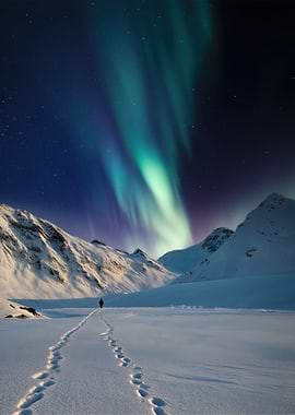 Aurora Borealis over snowy mountains