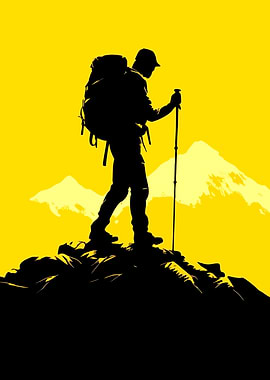 Silhouette of a hiker on a mountain peak