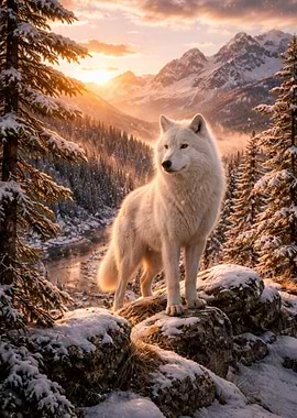 White wolf in snowy mountains at sunset