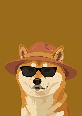 Shiba Inu Dog Wearing Hat and Sunglasses
