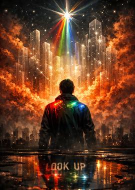 Man Looks Up at Rainbow Light in Cityscape