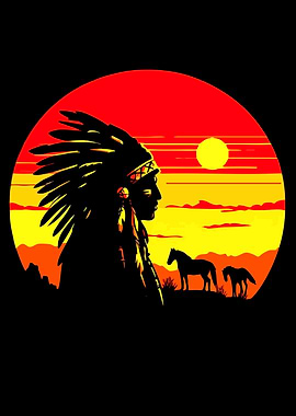 Native American Chief and Horses Sunset