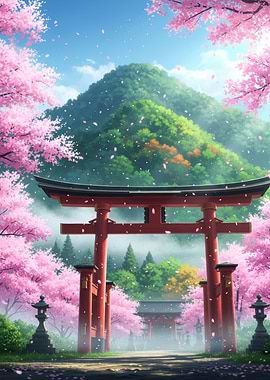 Japanese Torii Gate in Cherry Blossom Season