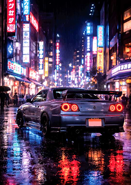 Skyline R34 under the neon rain in Tokyo
