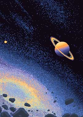 Saturn and Asteroid Belt in Space