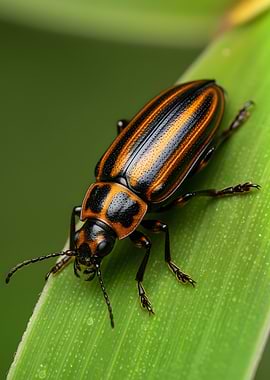 Striped Beetle on Green Leaf