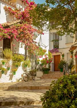 Charming European Street with Flowers and Bicycle