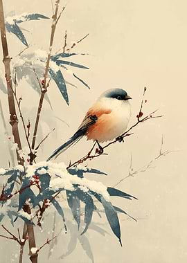 Bird on Snowy Bamboo Branch