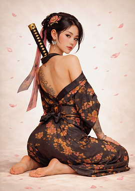 Samurai Woman in Kimono with Katana